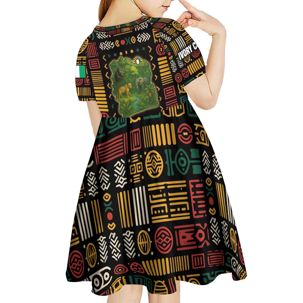 Ivory Coast Kid Short Sleeve Dress with Taï National Park Wildlife Map Design - Wonder Print Shop