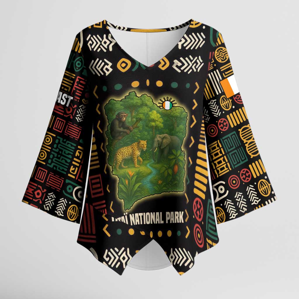 Ivory Coast Kimono Sleeve Blouse with Taï National Park Wildlife Map Design - Wonder Print Shop