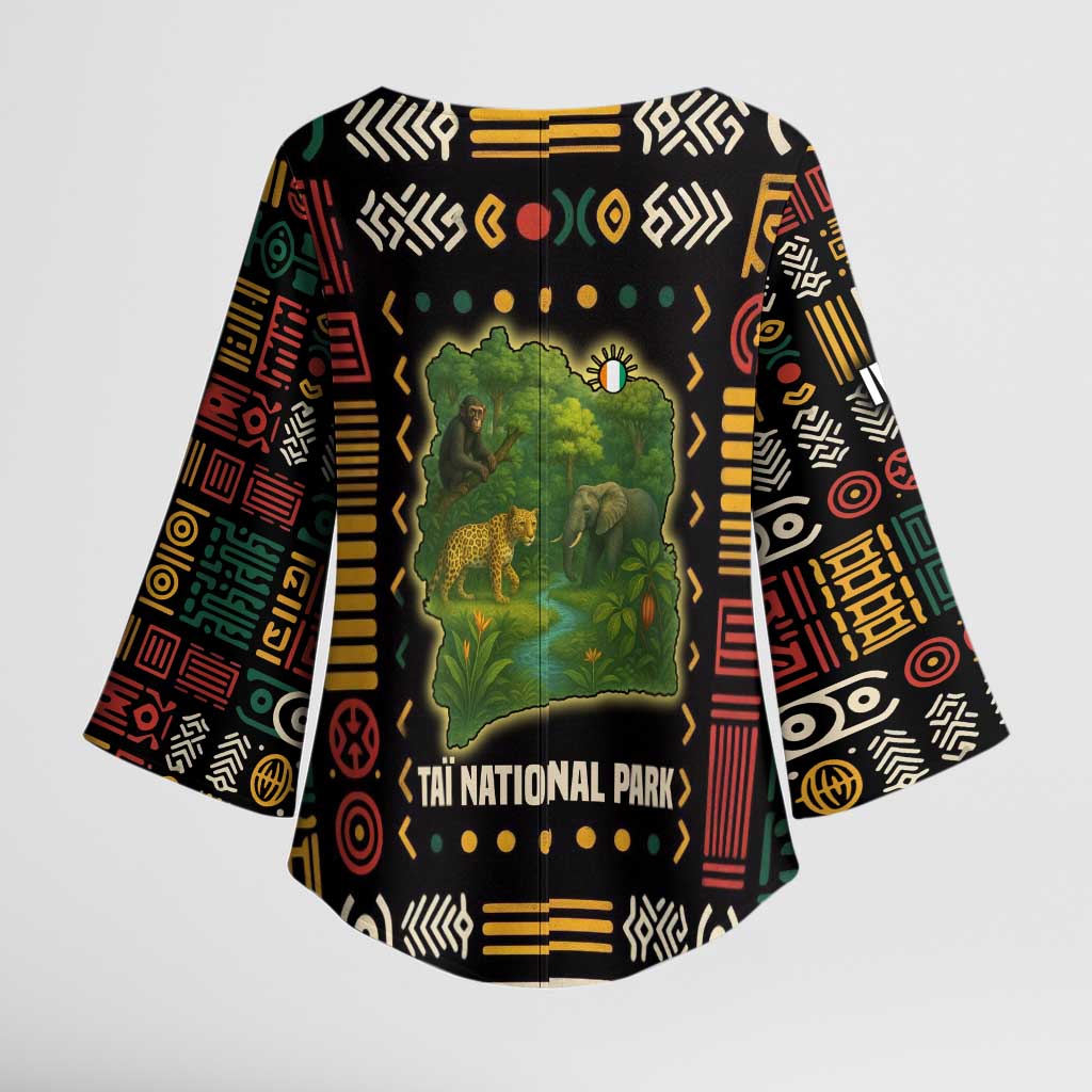 Ivory Coast Kimono Sleeve Blouse with Taï National Park Wildlife Map Design - Wonder Print Shop