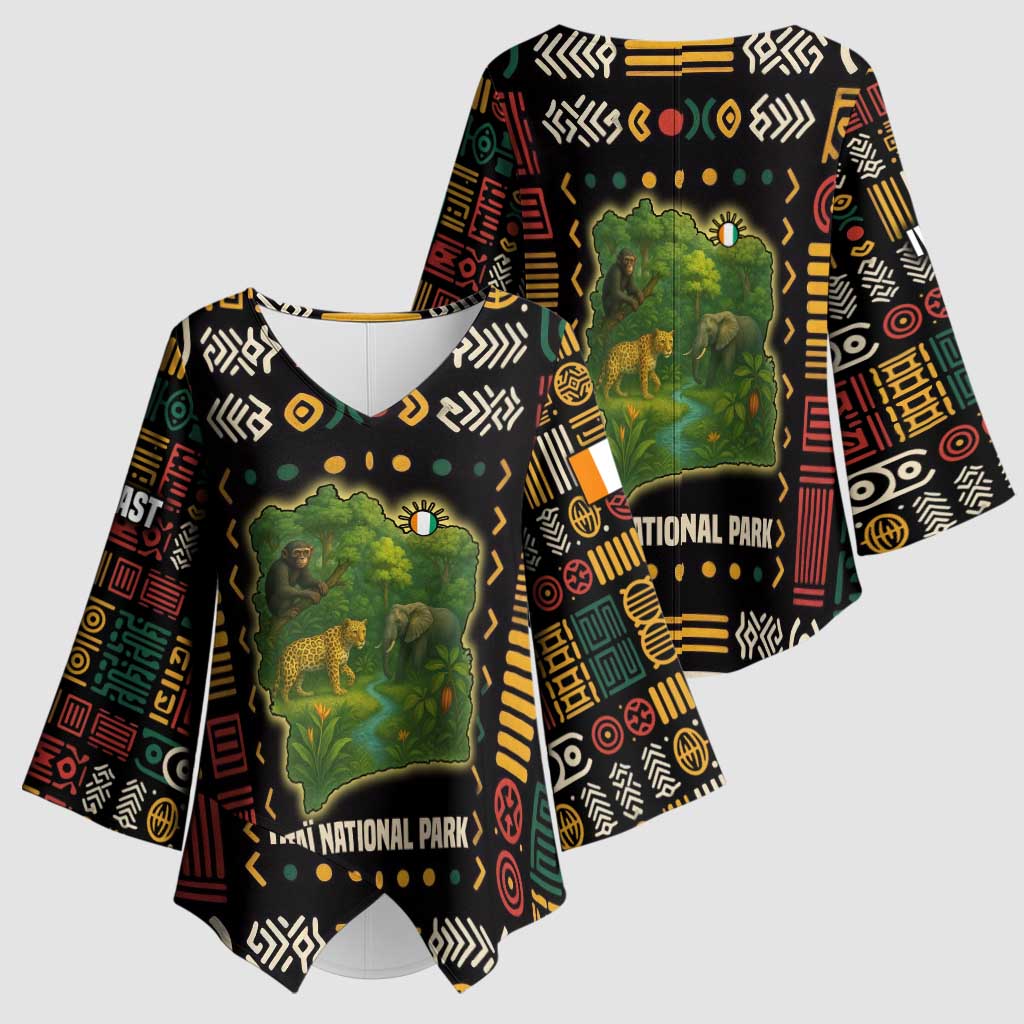 Ivory Coast Kimono Sleeve Blouse with Taï National Park Wildlife Map Design - Wonder Print Shop