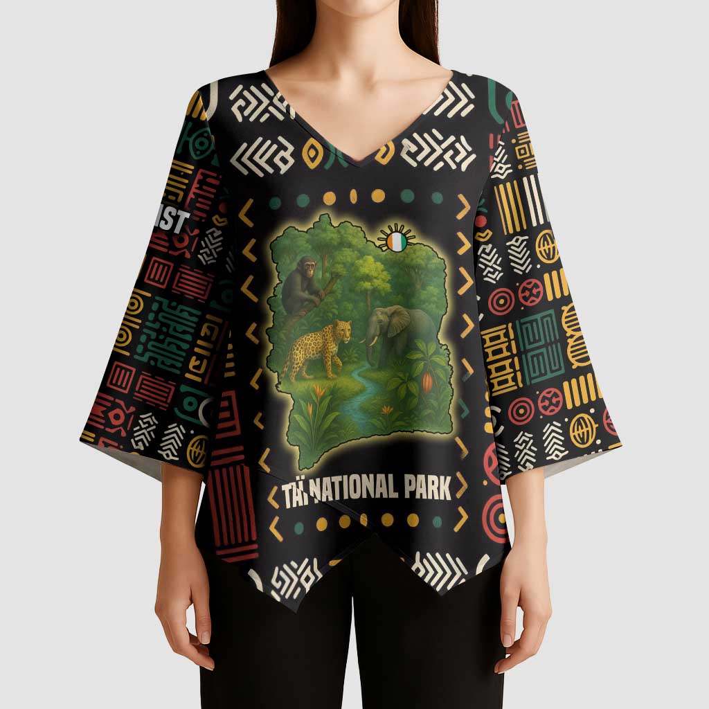 Ivory Coast Kimono Sleeve Blouse with Taï National Park Wildlife Map Design - Wonder Print Shop