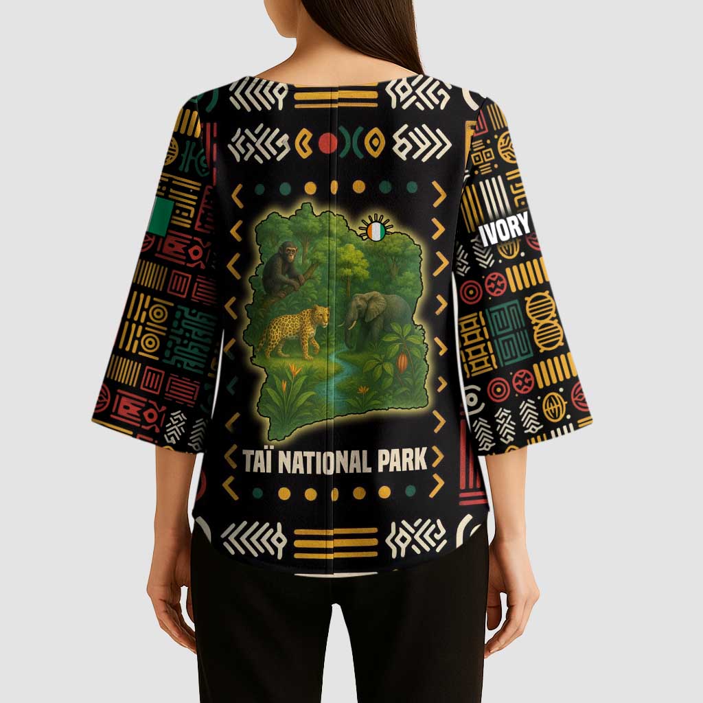 Ivory Coast Kimono Sleeve Blouse with Taï National Park Wildlife Map Design - Wonder Print Shop