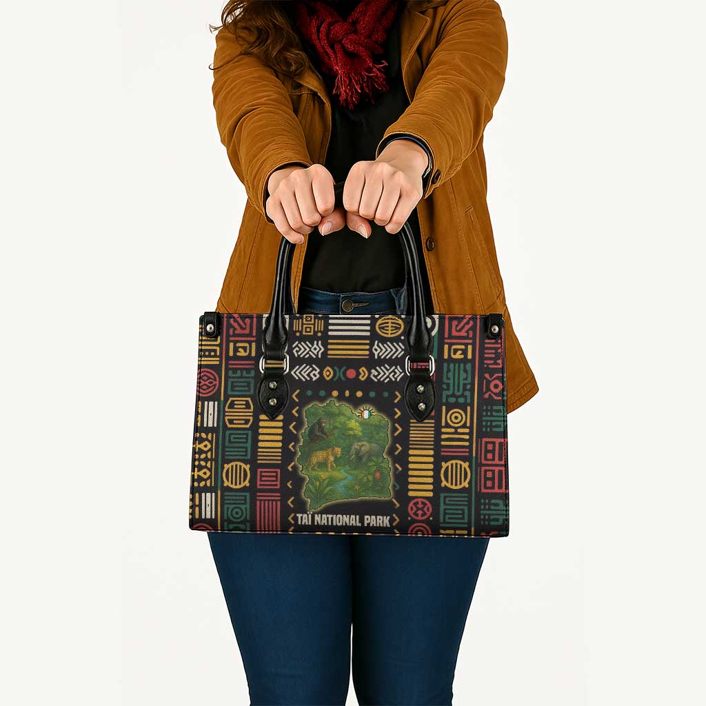 Ivory Coast Leather Bag with Taï National Park Wildlife Map Design - Wonder Print Shop