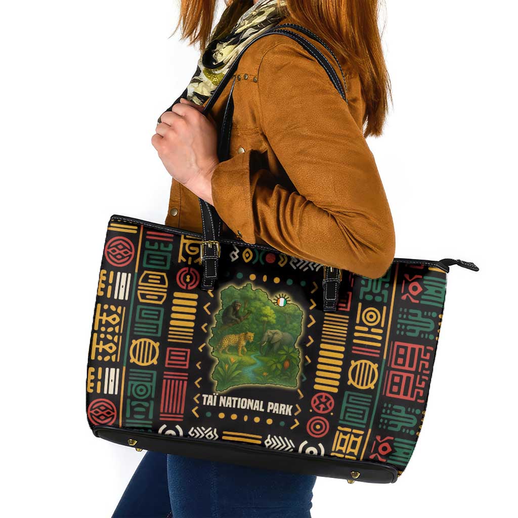 Ivory Coast Leather Tote Bag with Taï National Park Wildlife Map Design - Wonder Print Shop
