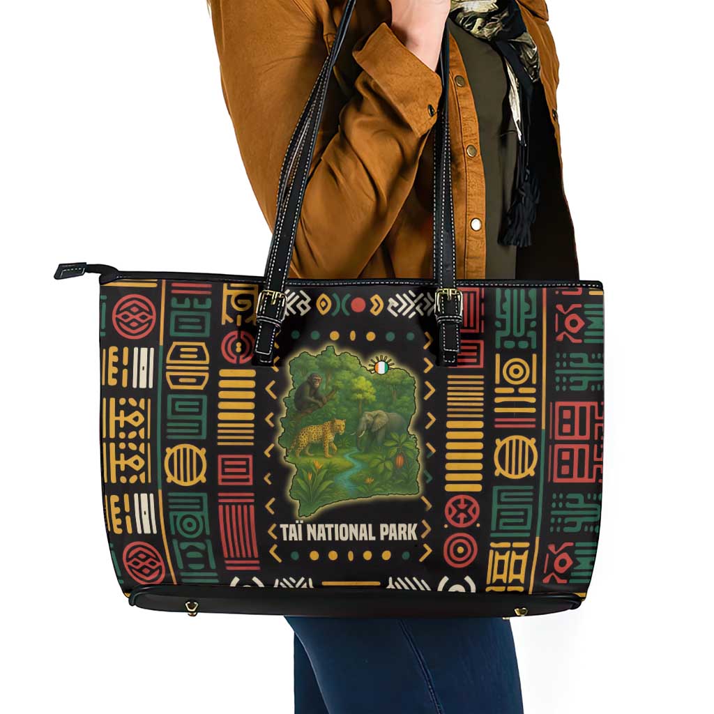 Ivory Coast Leather Tote Bag with Taï National Park Wildlife Map Design - Wonder Print Shop