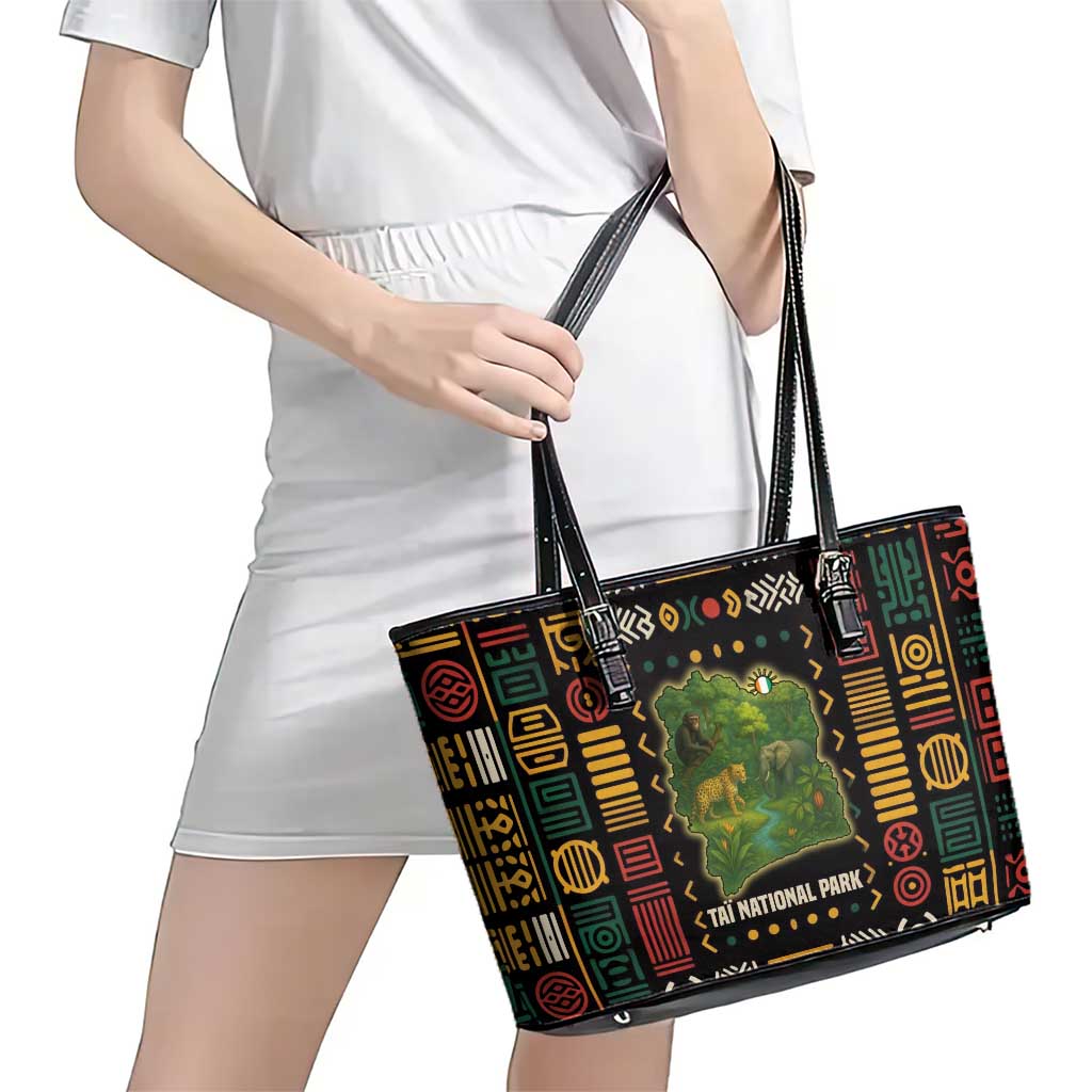 Ivory Coast Leather Tote Bag with Taï National Park Wildlife Map Design - Wonder Print Shop