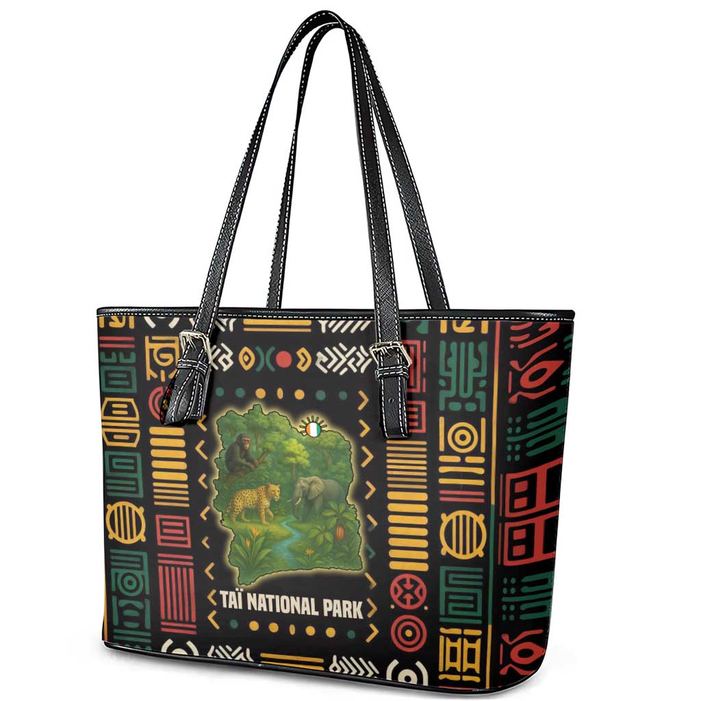 Ivory Coast Leather Tote Bag with Taï National Park Wildlife Map Design - Wonder Print Shop
