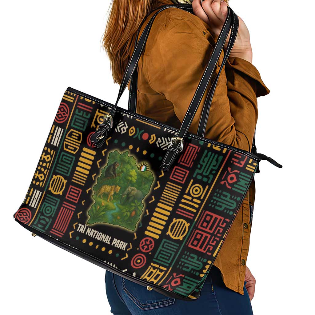 Ivory Coast Leather Tote Bag with Taï National Park Wildlife Map Design - Wonder Print Shop