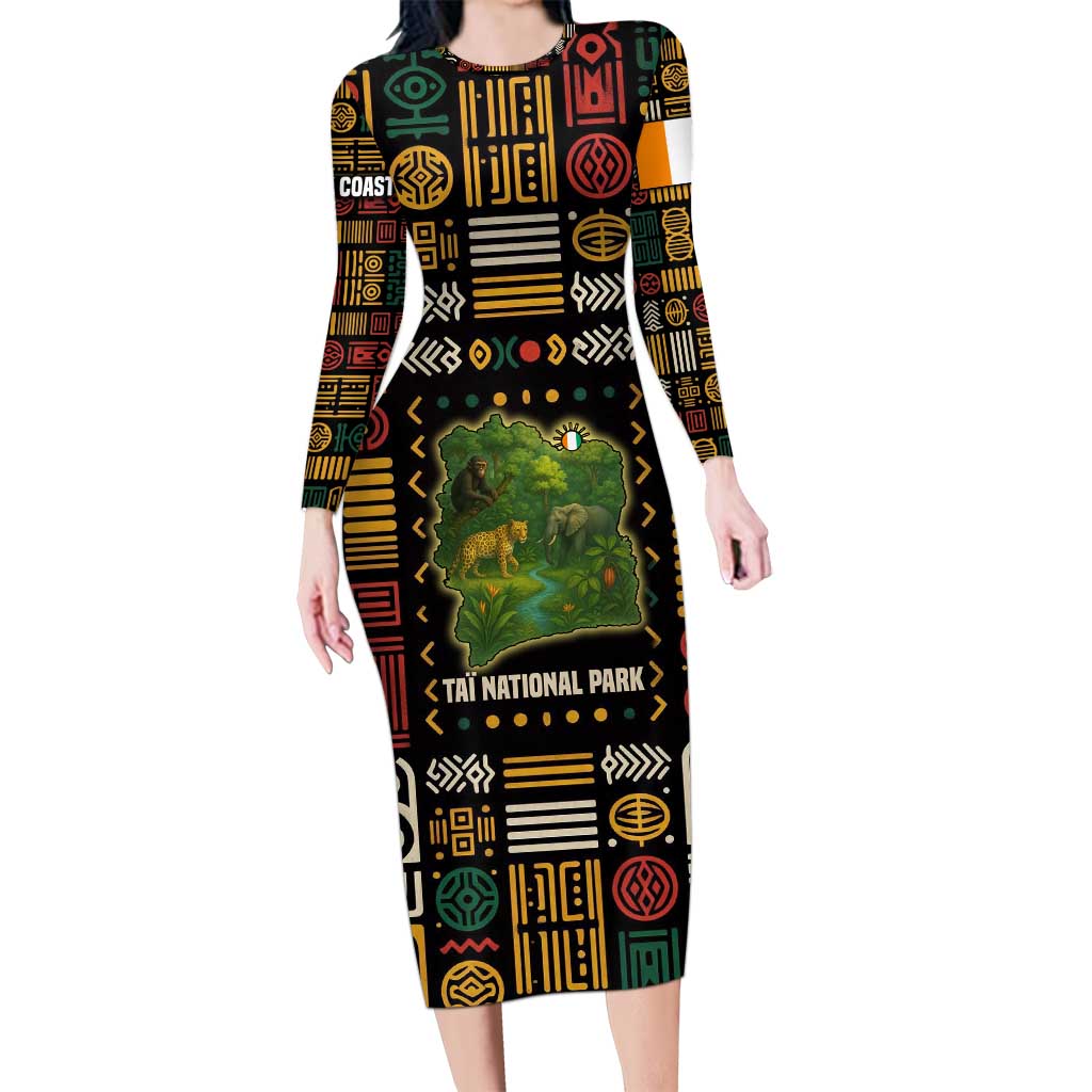 Ivory Coast Long Sleeve Bodycon Dress with Taï National Park Wildlife Map Design - Wonder Print Shop