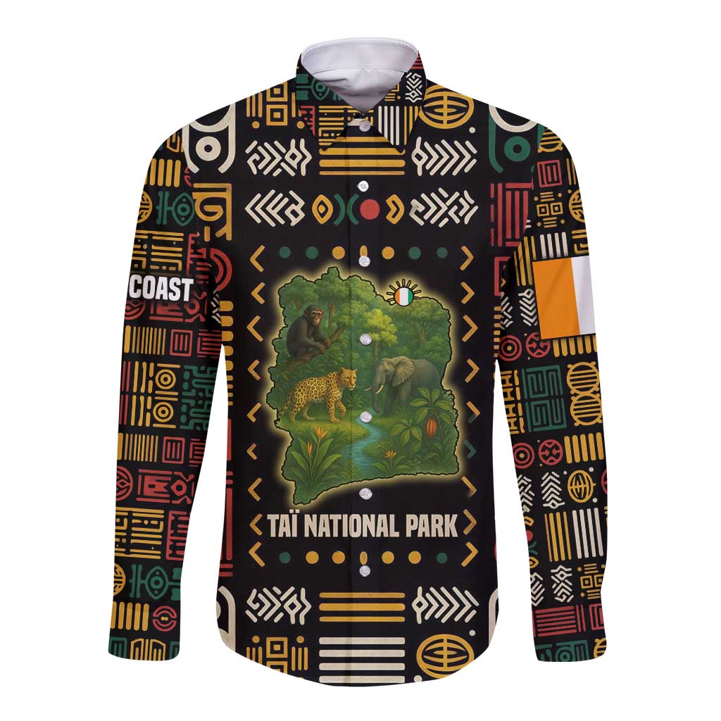 Ivory Coast Long Sleeve Button Shirt with Taï National Park Wildlife Map Design - Wonder Print Shop