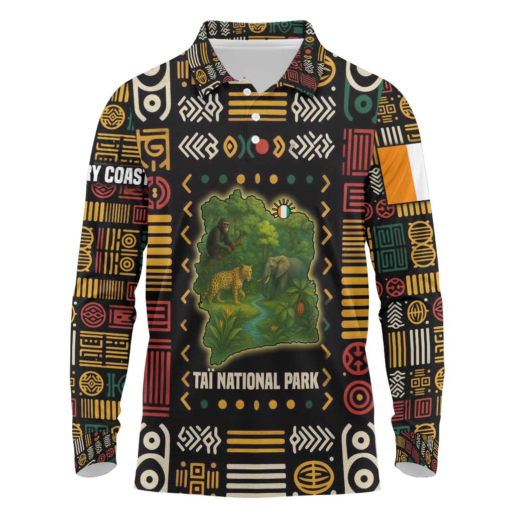 Ivory Coast Long Sleeve Polo Shirt with Taï National Park Wildlife Map Design - Wonder Print Shop
