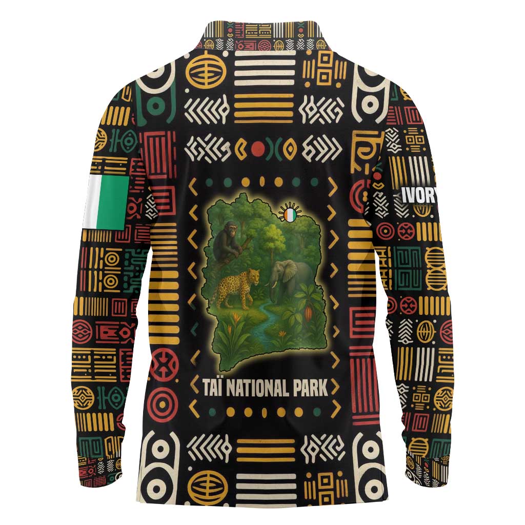 Ivory Coast Long Sleeve Polo Shirt with Taï National Park Wildlife Map Design - Wonder Print Shop