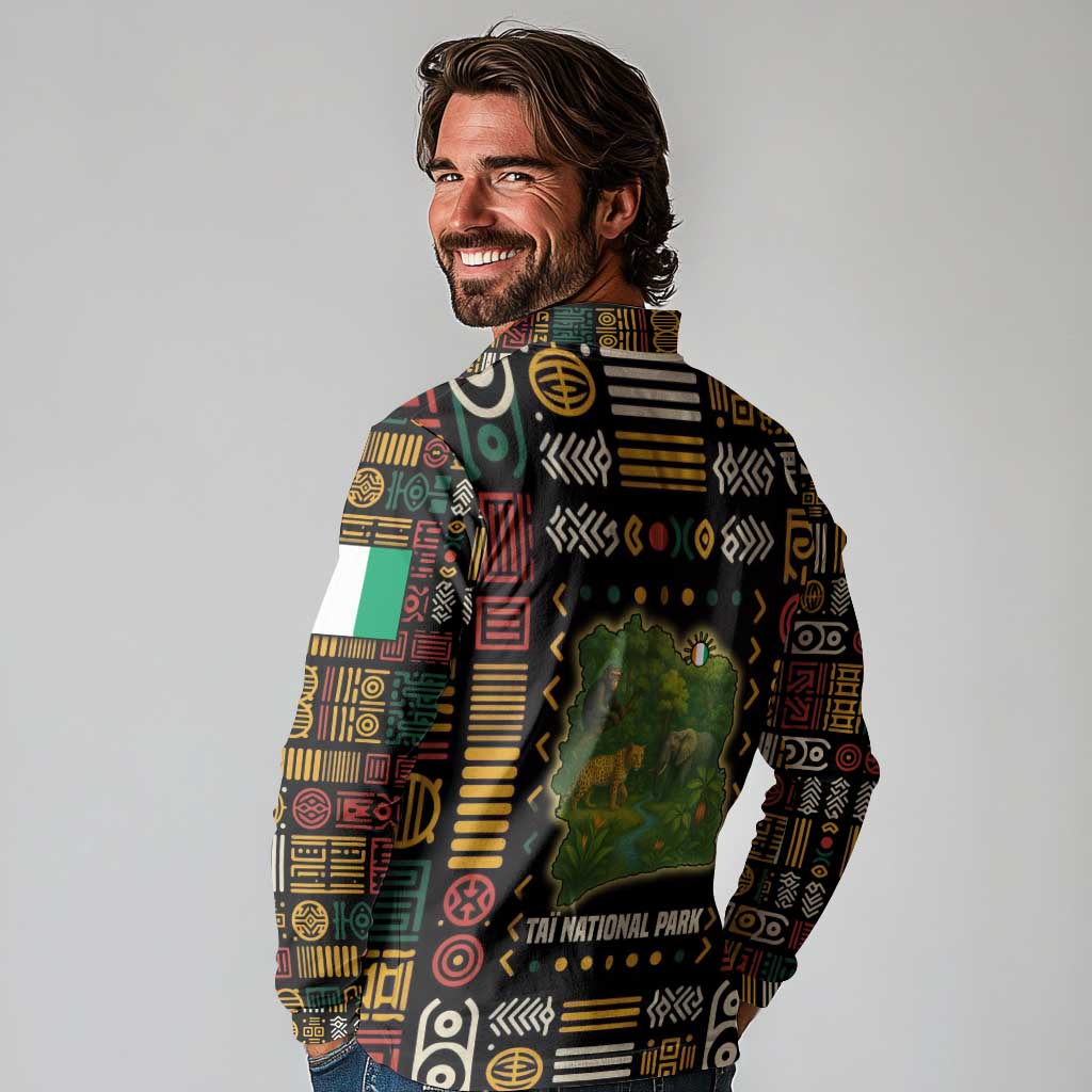 Ivory Coast Long Sleeve Polo Shirt with Taï National Park Wildlife Map Design - Wonder Print Shop