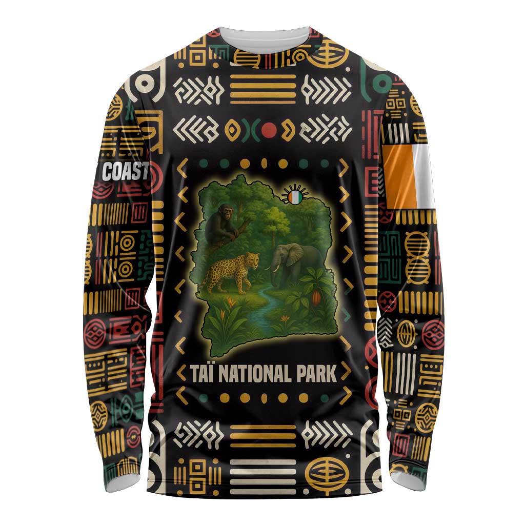 Ivory Coast Long Sleeve Shirt with Taï National Park Wildlife Map Design - Wonder Print Shop