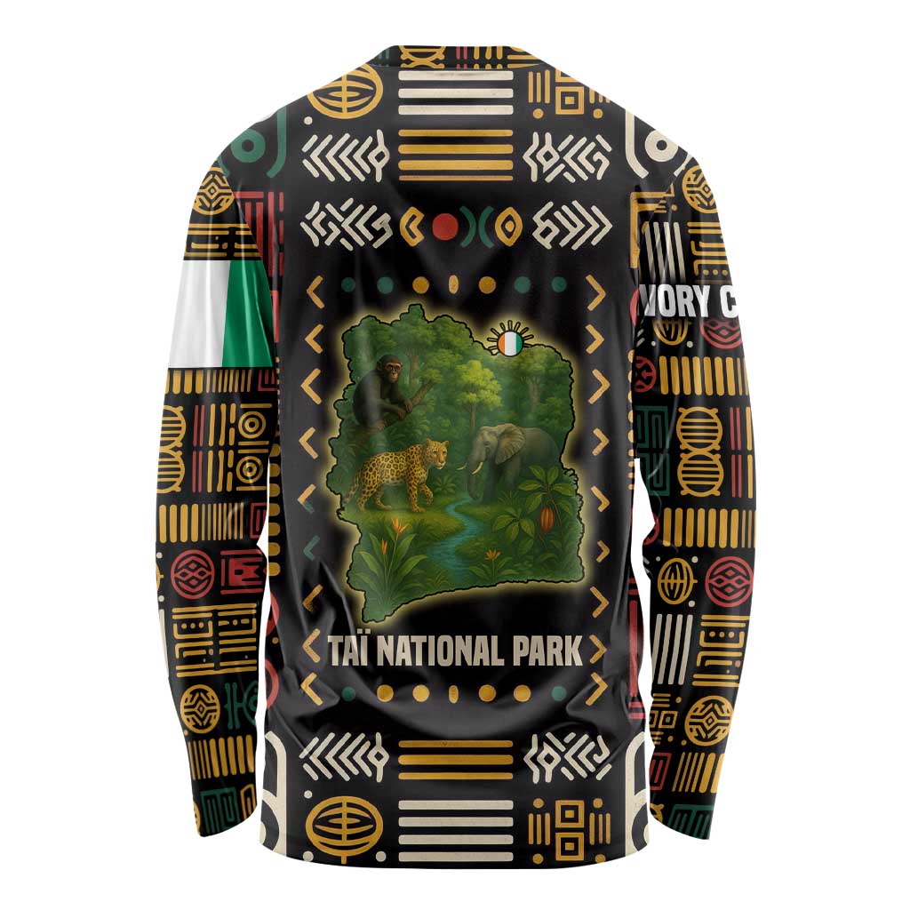 Ivory Coast Long Sleeve Shirt with Taï National Park Wildlife Map Design - Wonder Print Shop