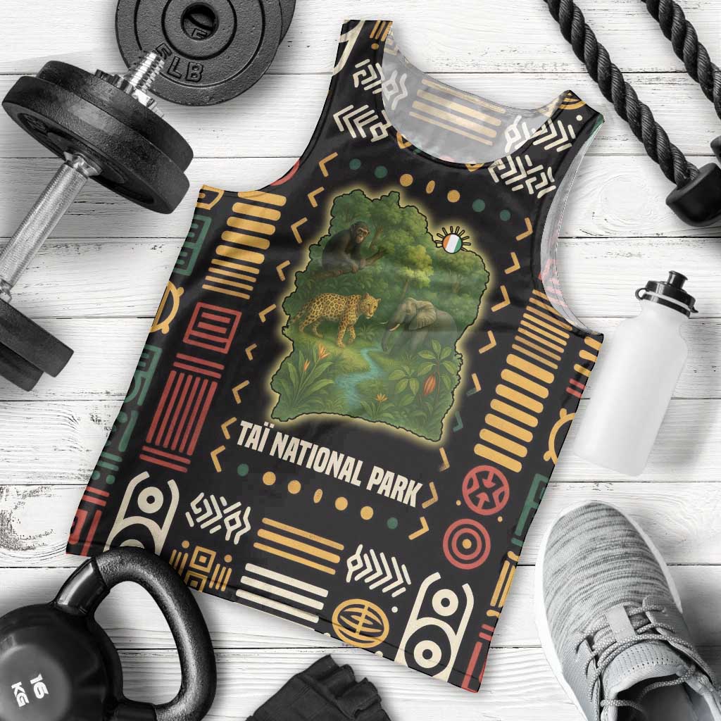 Ivory Coast Men Tank Top with Taï National Park Wildlife Map Design - Wonder Print Shop