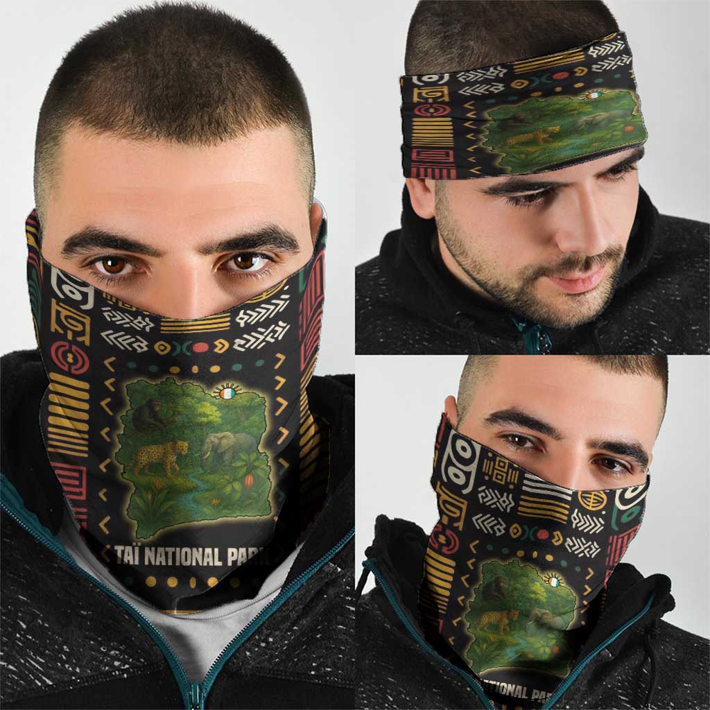Ivory Coast Neck Gaiter with Taï National Park Wildlife Map Design TS04