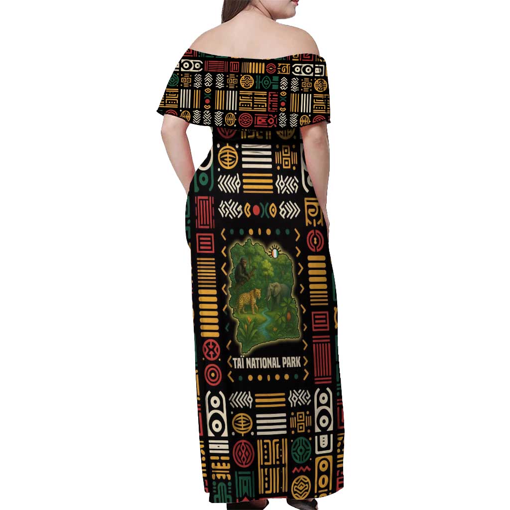 Ivory Coast Off Shoulder Maxi Dress with Taï National Park Wildlife Map Design - Wonder Print Shop