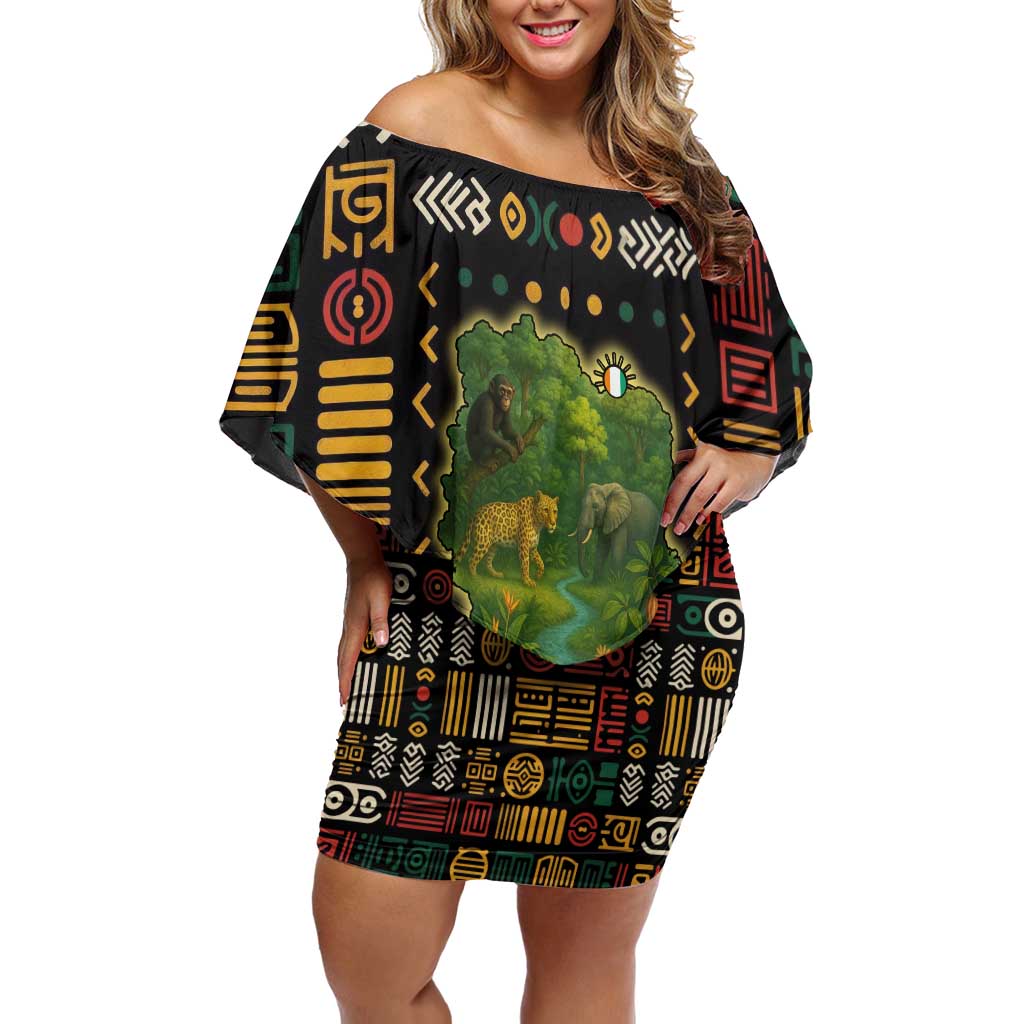 Ivory Coast Off Shoulder Short Dress with Taï National Park Wildlife Map Design - Wonder Print Shop