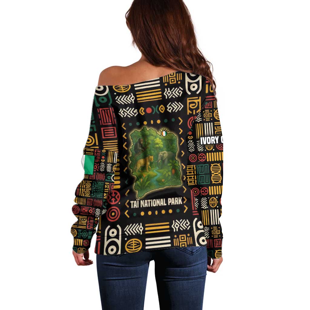 Ivory Coast Off Shoulder Sweater with Taï National Park Wildlife Map Design - Wonder Print Shop