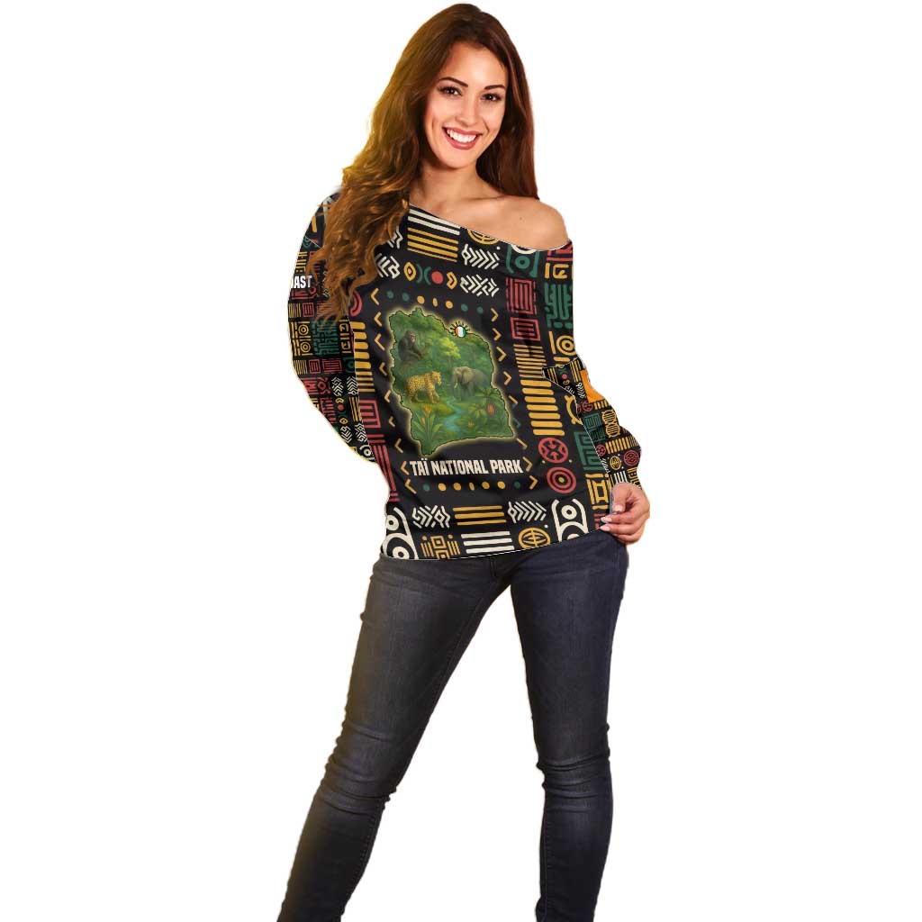 Ivory Coast Off Shoulder Sweater with Taï National Park Wildlife Map Design - Wonder Print Shop