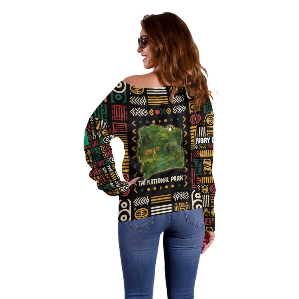 Ivory Coast Off Shoulder Sweater with Taï National Park Wildlife Map Design - Wonder Print Shop