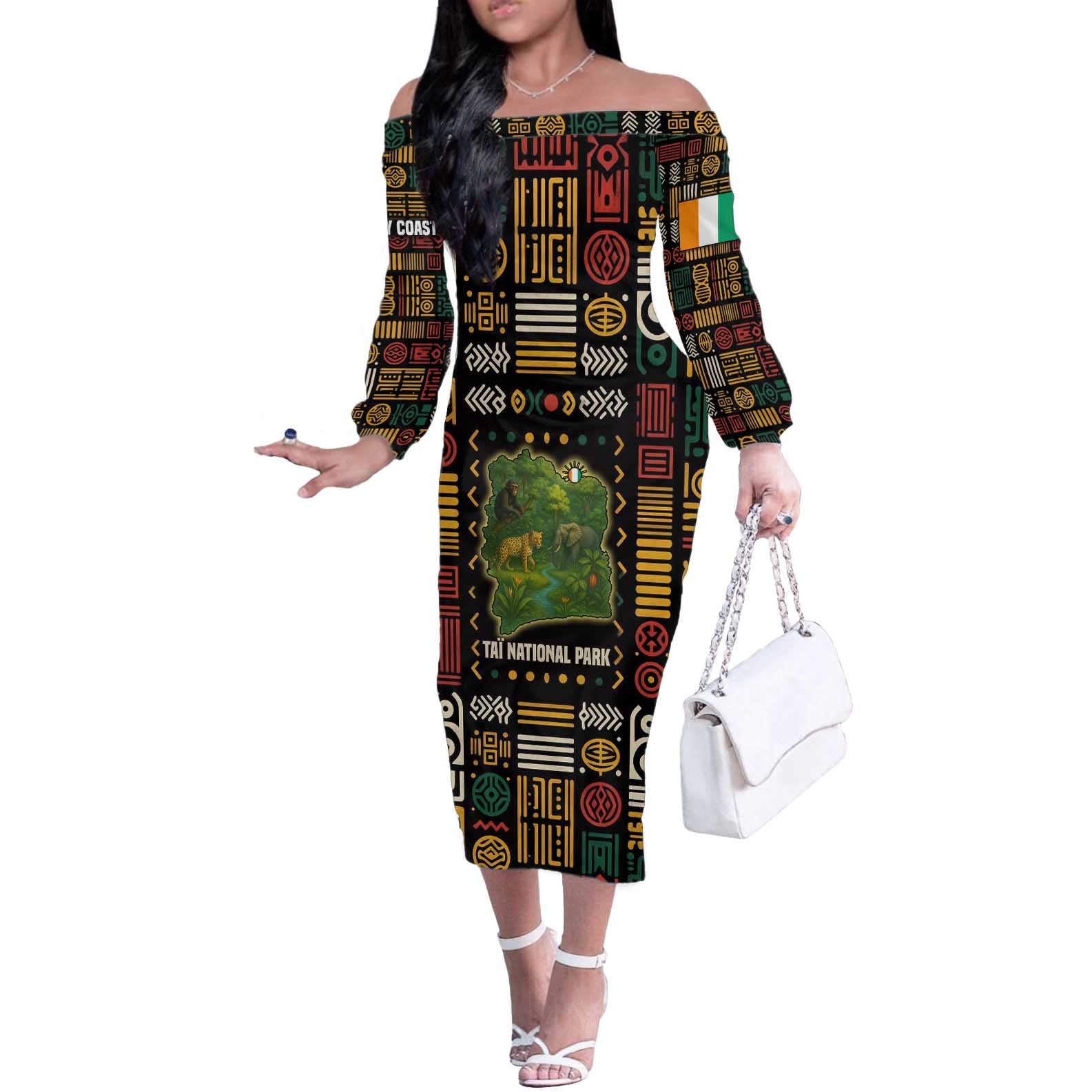 Ivory Coast Off The Shoulder Long Sleeve Dress with Taï National Park Wildlife Map Design - Wonder Print Shop