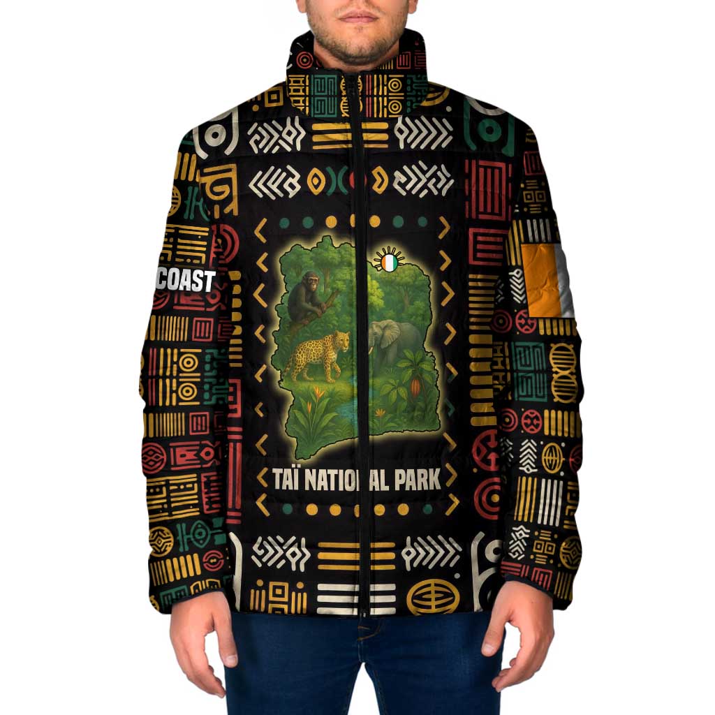 Ivory Coast Padded Jacket with Taï National Park Wildlife Map Design - Wonder Print Shop