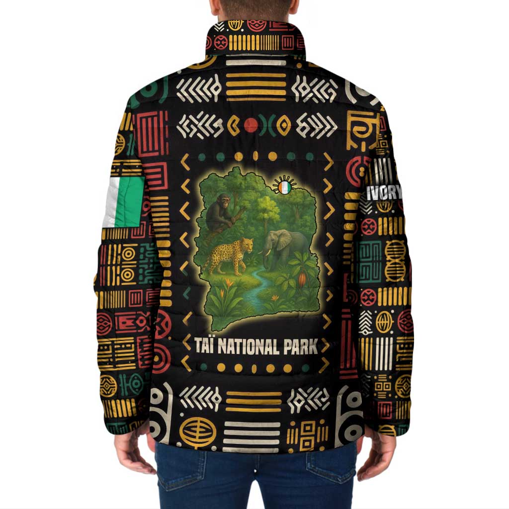 Ivory Coast Padded Jacket with Taï National Park Wildlife Map Design - Wonder Print Shop