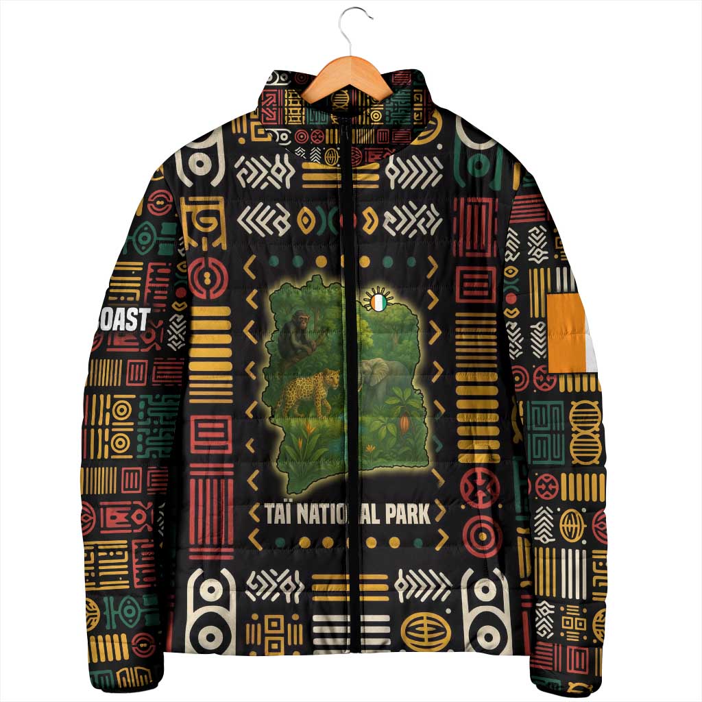 Ivory Coast Padded Jacket with Taï National Park Wildlife Map Design - Wonder Print Shop