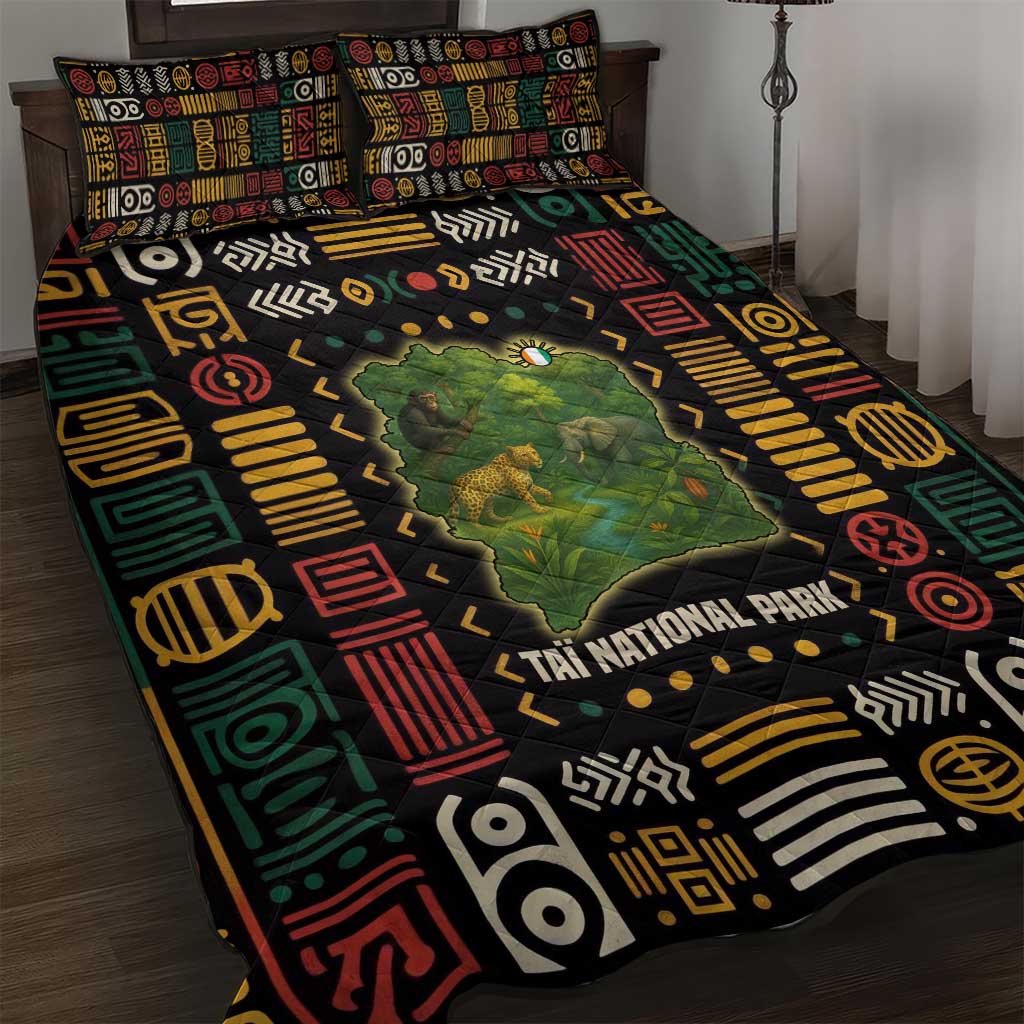 Ivory Coast Quilt Bed Set with Taï National Park Wildlife Map Design - Wonder Print Shop