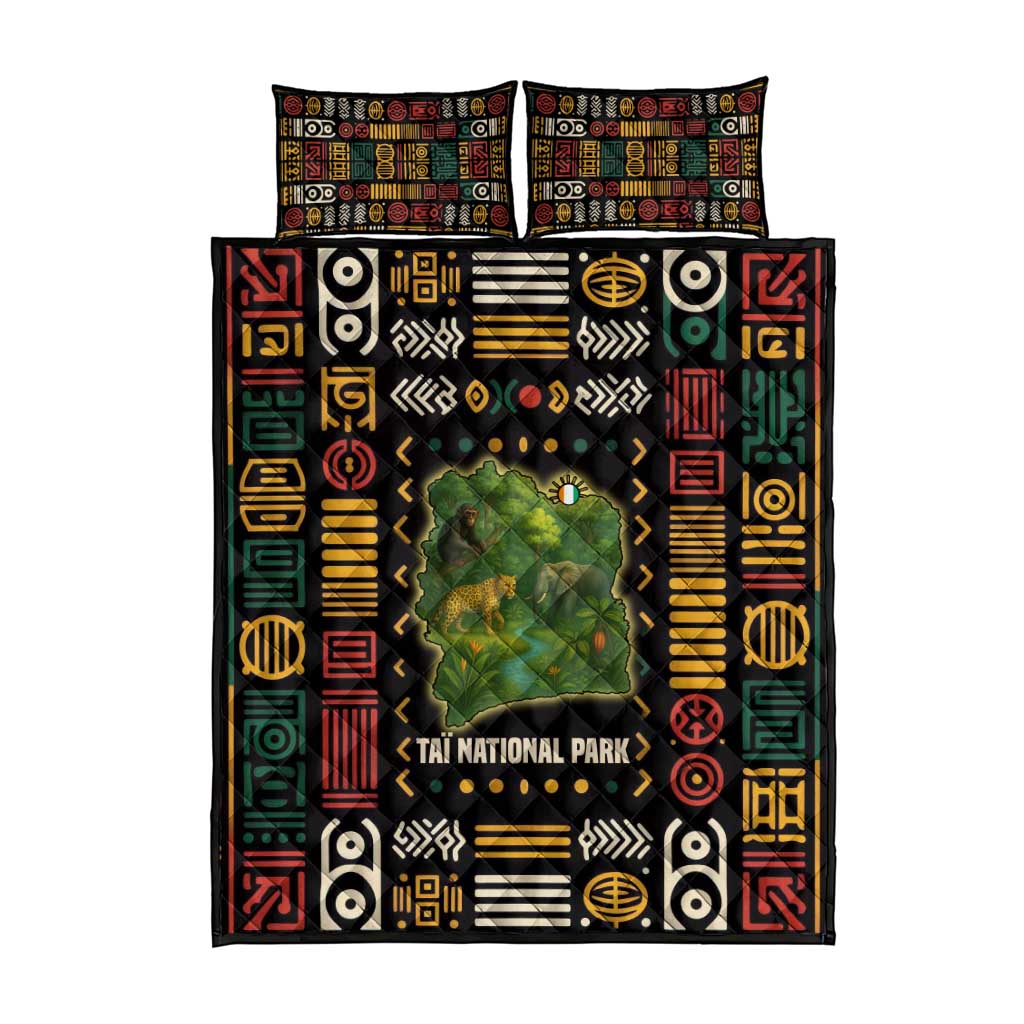 Ivory Coast Quilt Bed Set with Taï National Park Wildlife Map Design - Wonder Print Shop