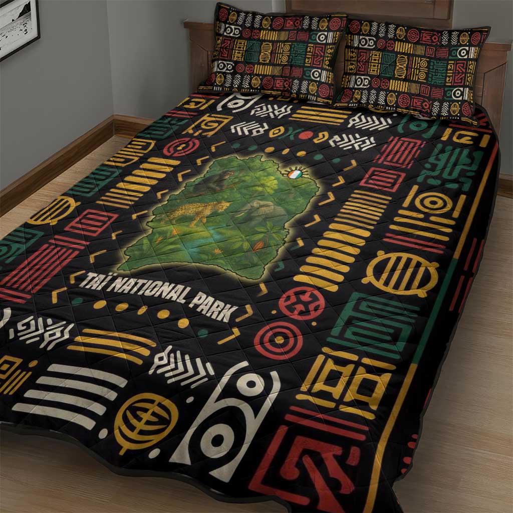 Ivory Coast Quilt Bed Set with Taï National Park Wildlife Map Design - Wonder Print Shop