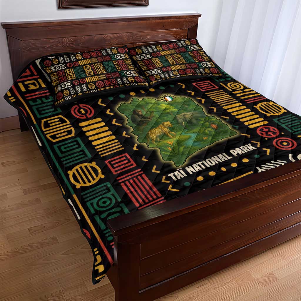 Ivory Coast Quilt Bed Set with Taï National Park Wildlife Map Design - Wonder Print Shop