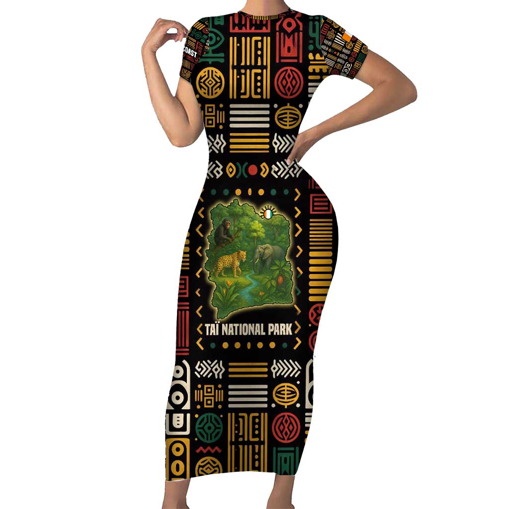 Ivory Coast Short Sleeve Bodycon Dress with Taï National Park Wildlife Map Design - Wonder Print Shop