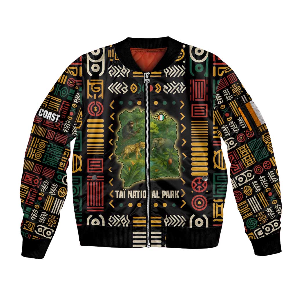 Ivory Coast Sleeve Zip Bomber Jacket with Taï National Park Wildlife Map Design - Wonder Print Shop