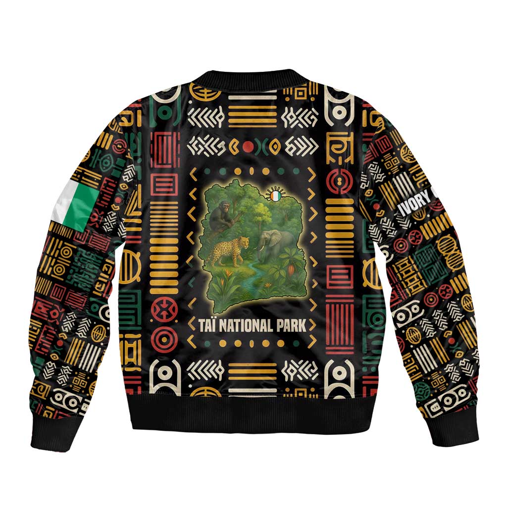 Ivory Coast Sleeve Zip Bomber Jacket with Taï National Park Wildlife Map Design - Wonder Print Shop