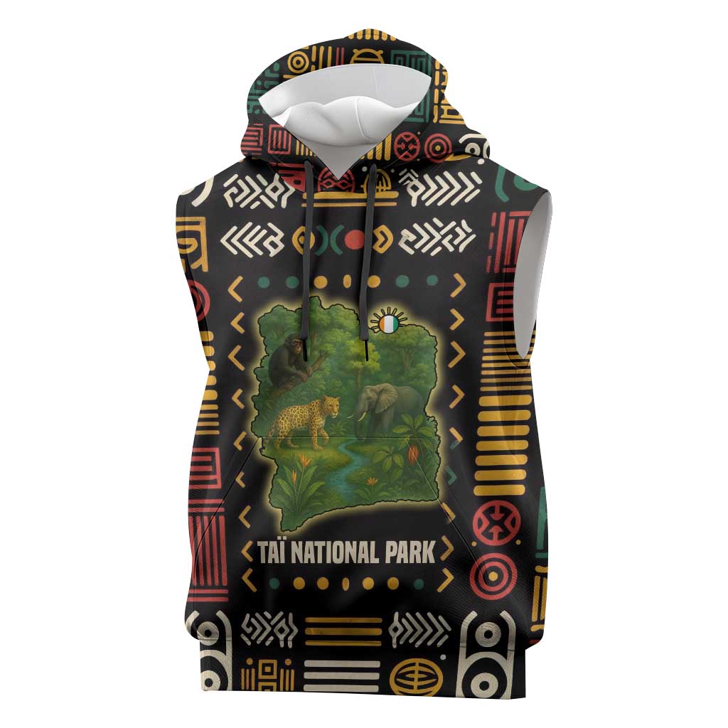 Ivory Coast Sleeveless Hoodie with Taï National Park Wildlife Map Design - Wonder Print Shop