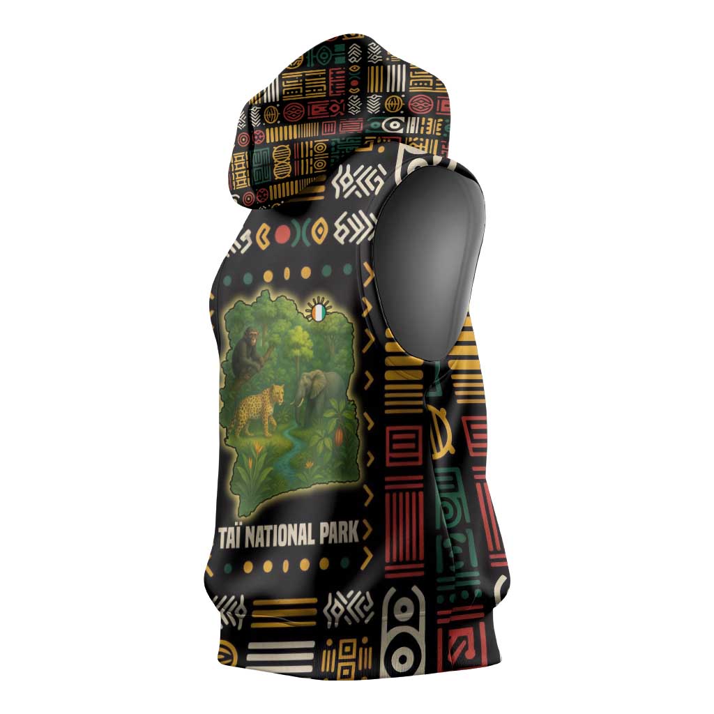 Ivory Coast Sleeveless Hoodie with Taï National Park Wildlife Map Design - Wonder Print Shop