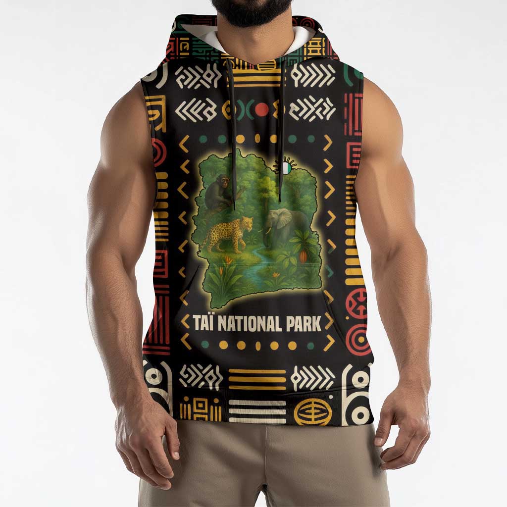 Ivory Coast Sleeveless Hoodie with Taï National Park Wildlife Map Design - Wonder Print Shop