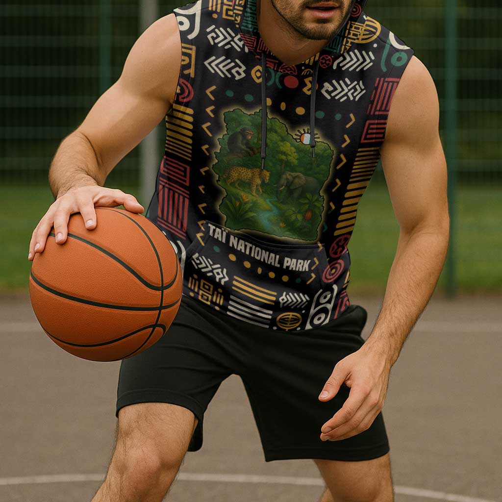 Ivory Coast Sleeveless Hoodie with Taï National Park Wildlife Map Design - Wonder Print Shop