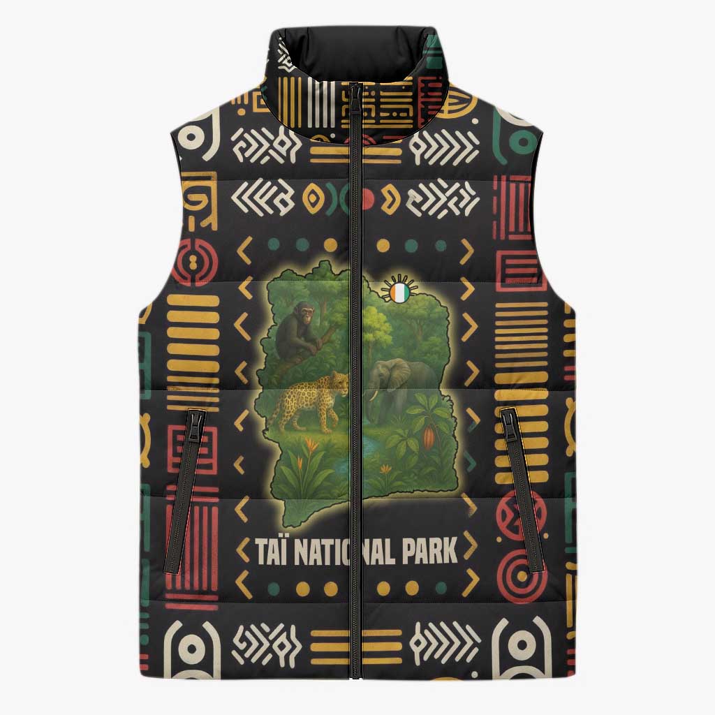 Ivory Coast Sleeveless Puffer Jacket with Taï National Park Wildlife Map Design - Wonder Print Shop