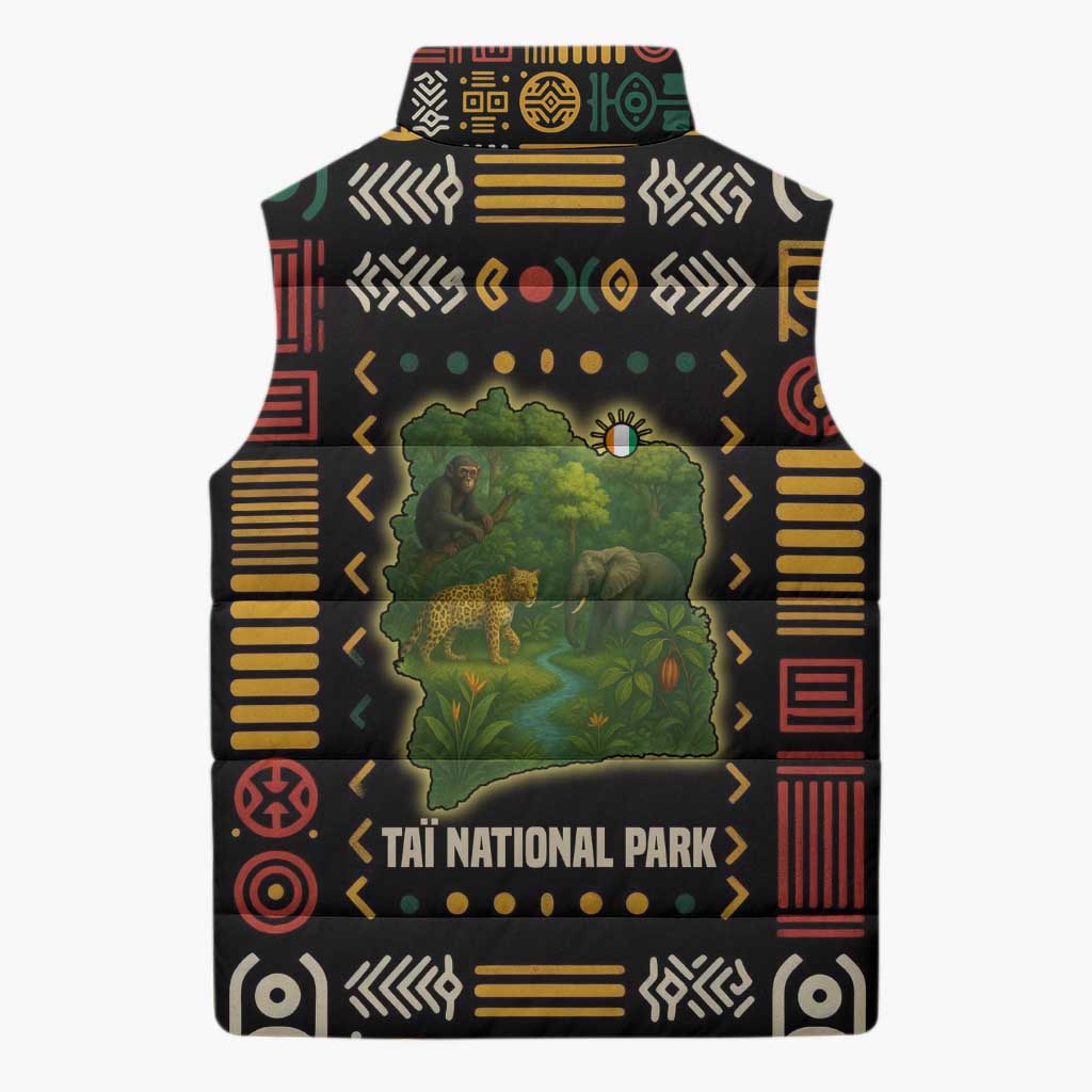 Ivory Coast Sleeveless Puffer Jacket with Taï National Park Wildlife Map Design - Wonder Print Shop