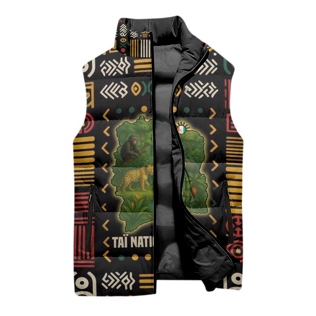 Ivory Coast Sleeveless Puffer Jacket with Taï National Park Wildlife Map Design - Wonder Print Shop