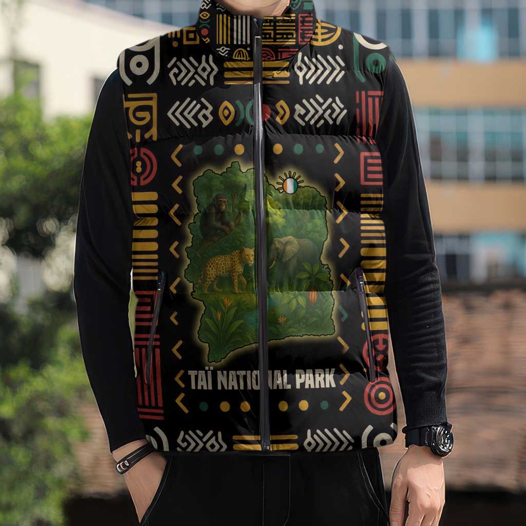 Ivory Coast Sleeveless Puffer Jacket with Taï National Park Wildlife Map Design - Wonder Print Shop