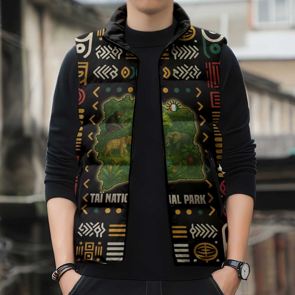 Ivory Coast Sleeveless Puffer Jacket with Taï National Park Wildlife Map Design - Wonder Print Shop