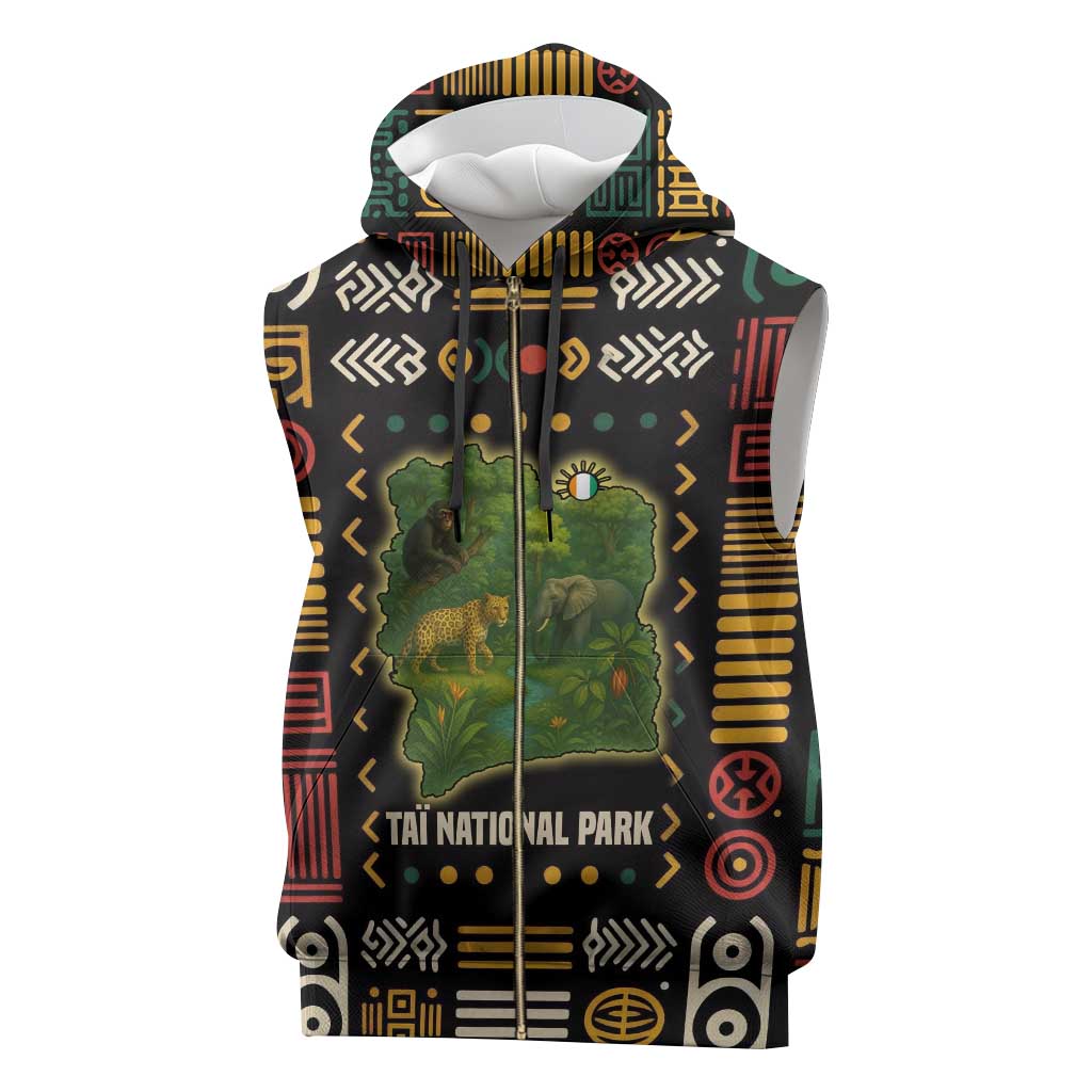 Ivory Coast Sleeveless Zip Hoodie with Taï National Park Wildlife Map Design - Wonder Print Shop