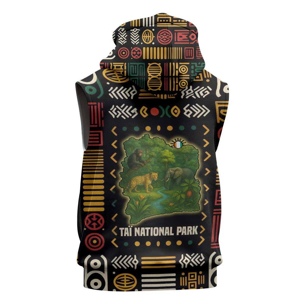 Ivory Coast Sleeveless Zip Hoodie with Taï National Park Wildlife Map Design - Wonder Print Shop
