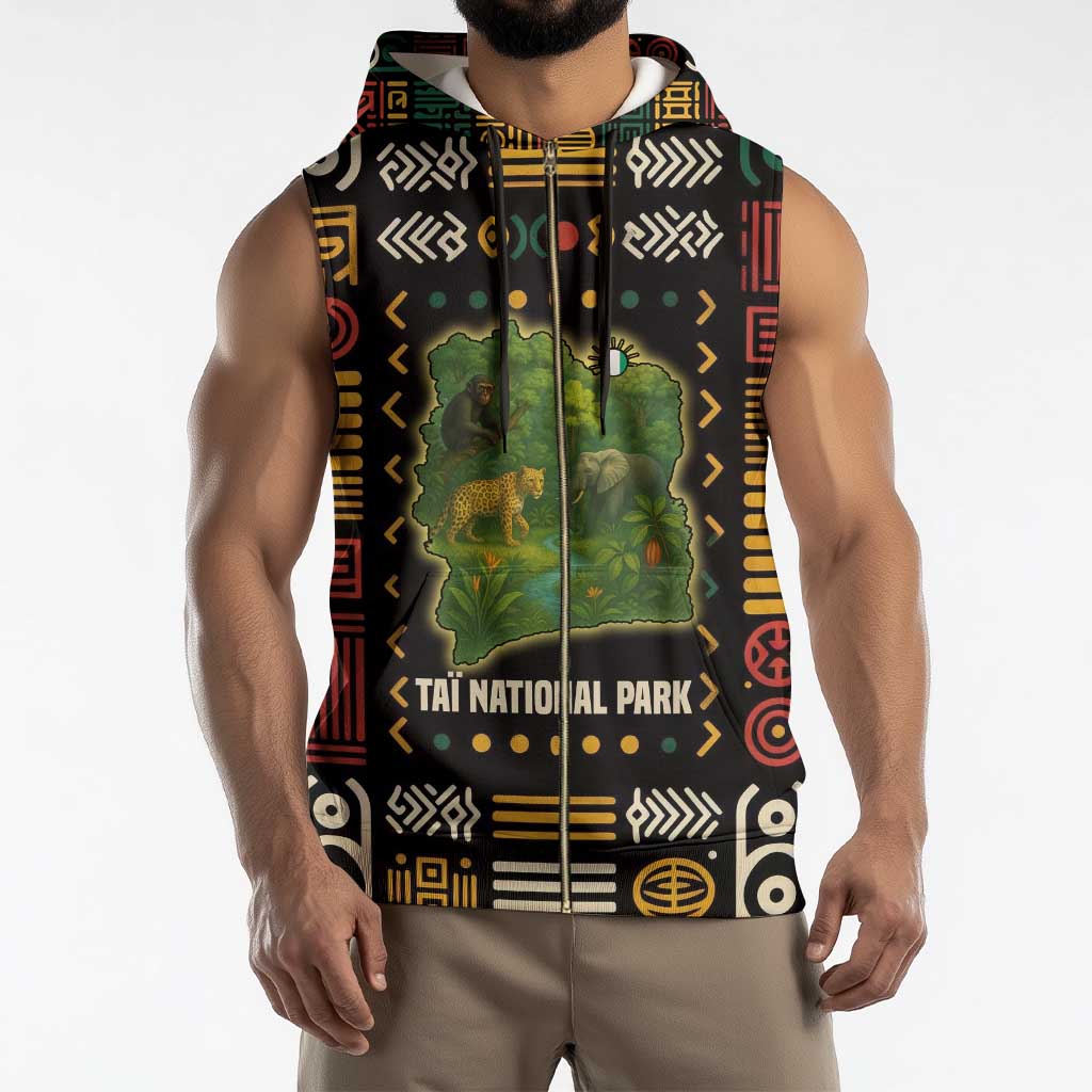 Ivory Coast Sleeveless Zip Hoodie with Taï National Park Wildlife Map Design - Wonder Print Shop
