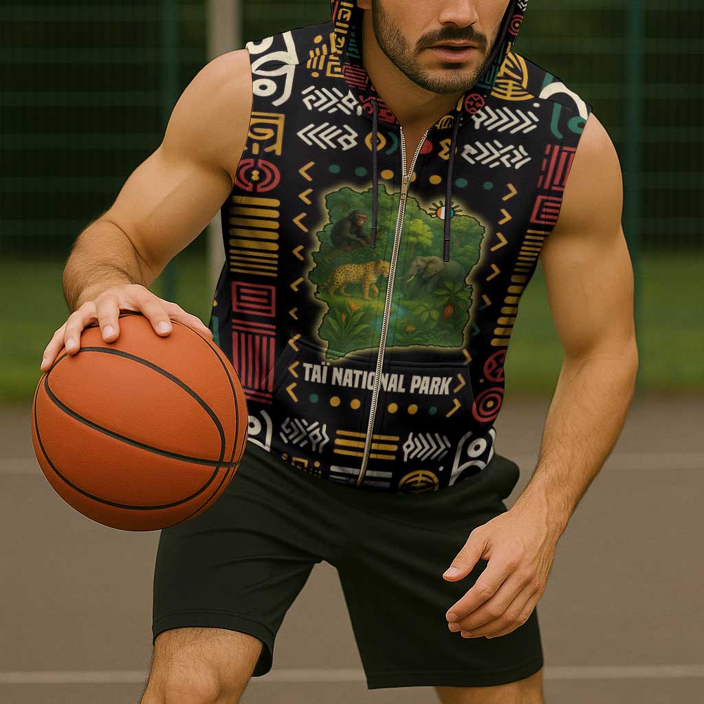 Ivory Coast Sleeveless Zip Hoodie with Taï National Park Wildlife Map Design - Wonder Print Shop